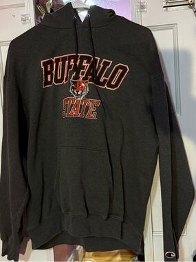 Champion Black Buffalo State Hoodie with Orange Graphic